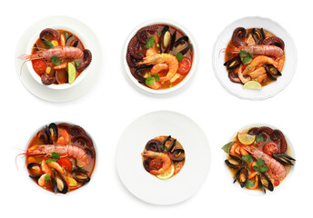 Delicious seafood soup in bowls isolated on white, collage. Top view