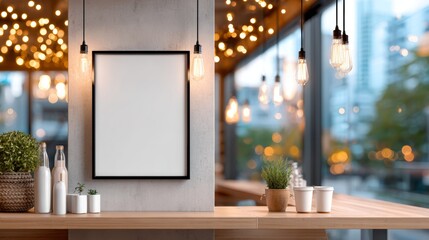 Modern interior with empty frame and warm lighting in urban cafe during evening hours