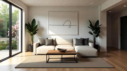 Modern living room interior designed with minimalistic style warm textures and natural calming elements