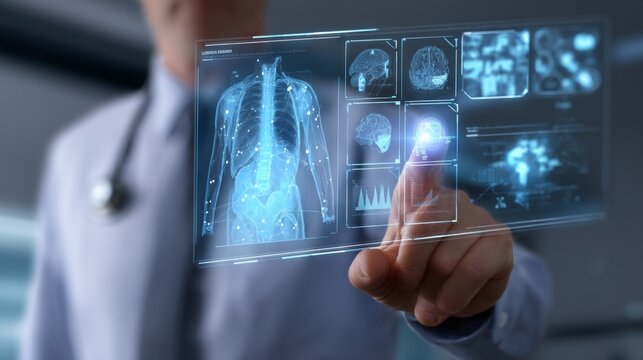 Medical professional analyzing patient health data in modern clinic digital environment close-up perspective