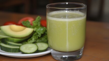 Refreshing Green Juice with Avocado Cucumber and Tomato Garnish