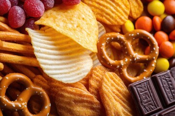 A close-up shot of assorted salty and sweet snacks including potato chips, pretzels, candy, and chocolate