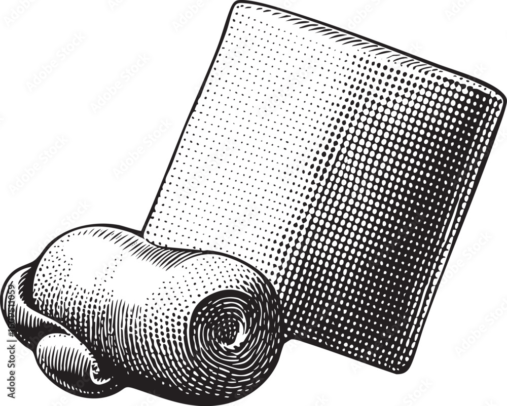 Poster textured rectangular document rests on a curved metallic clip.