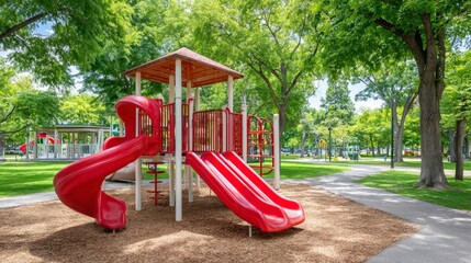 Bright red slides at a playground surrounded by lush greenery on a sunny day in a community park