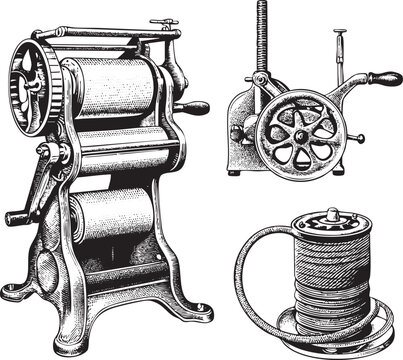 vintage textile mangle operates with a large hand crank and spools of thread.