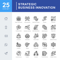 Strategic Business Innovation icon set covering digital transformation, branding, market entry, investment, and strategic planning for innovative and scalable business growth.