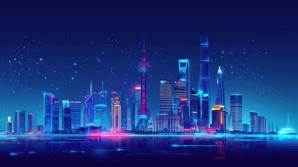 Futuristic city skyline at night.