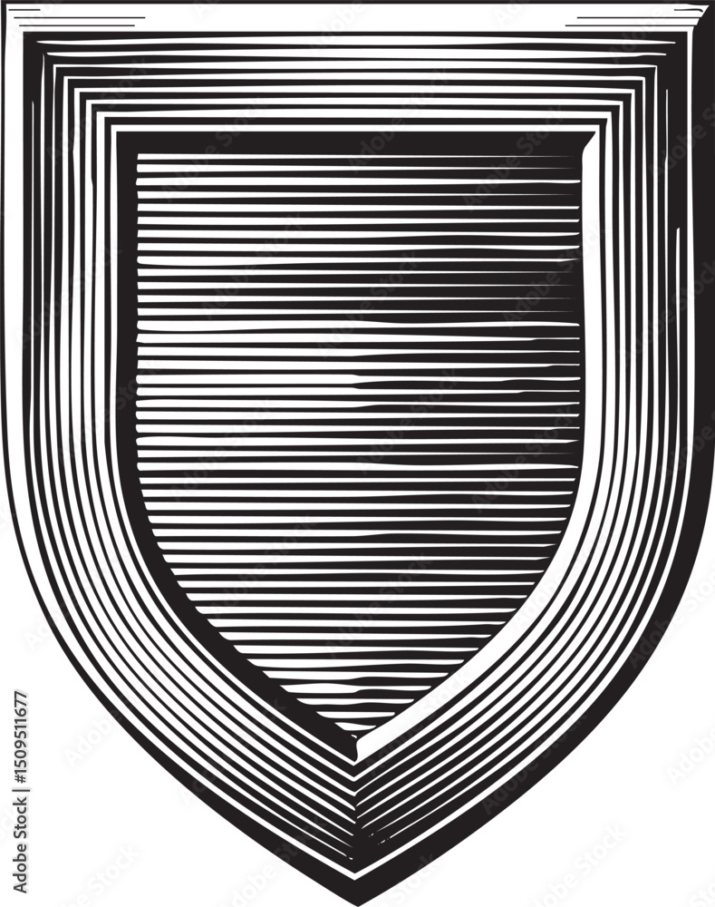 Poster stylized shield features intricate layered lines creating a protective shape.