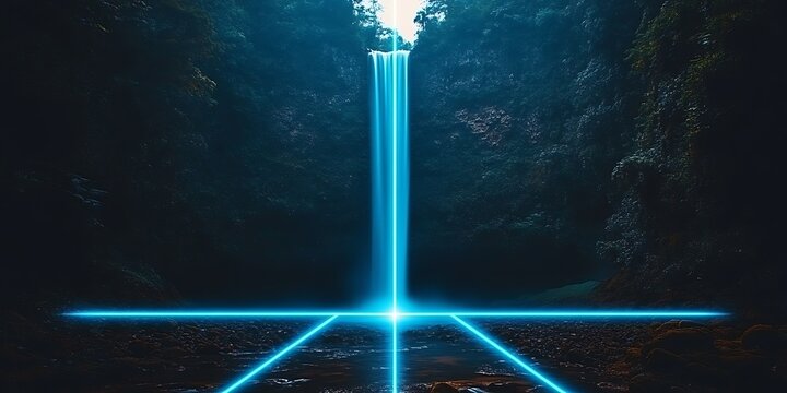 Waterfall illuminated by blue light - Powered by Adobe