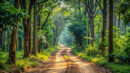 Obraz premium A winding dirt path leading through the dense forest of Bhadra Tiger Reserve's terrain, lined with tropical plants and trees