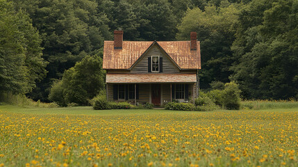 charming rural house surrounded by vibrant field of yellow flowers, evoking sense of tranquility