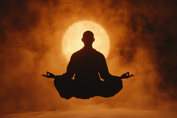 Silhouette of a levitating monk in deep meditation