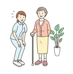 目線を合わせて笑顔で会話をする高齢女性と看護師の女性イラスト
