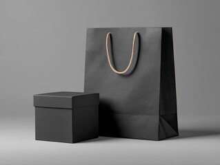 A dark gray square gift box sits beside a larger dark gray paper shopping bag with light brown rope handles against a neutral gray backdrop