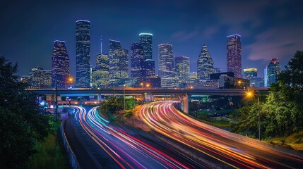 Obraz premium Illuminated city skyline at night with highway traffic trails.
