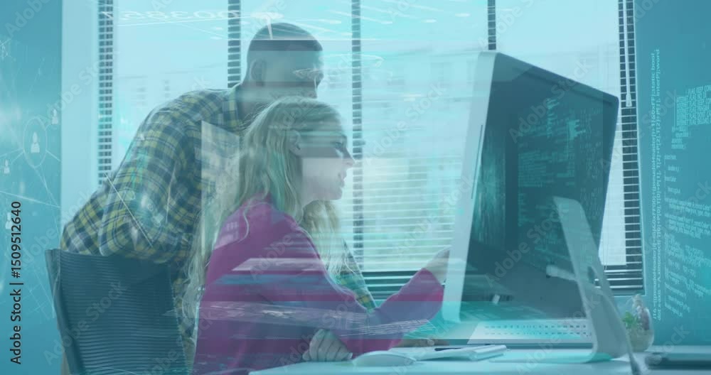 Poster as overlays appearing developer coding with man pointing monitor and collaborating on code edits