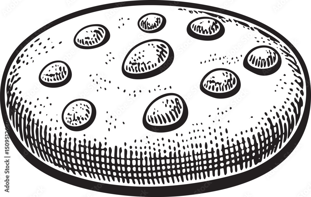 Poster circular arrangement of small dark circles on a textured surface.