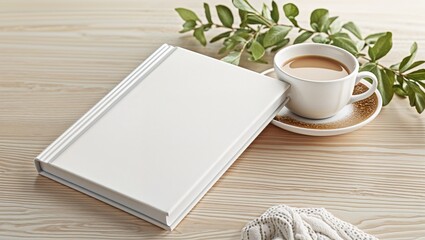 blank white book cover rests on cozy wooden table, accompanied by cup of coffee and greenery, creating serene atmosphere