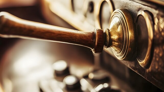 Fototapeta Vintage Car Wooden Gear Shift Lever Closeup Brass Detail