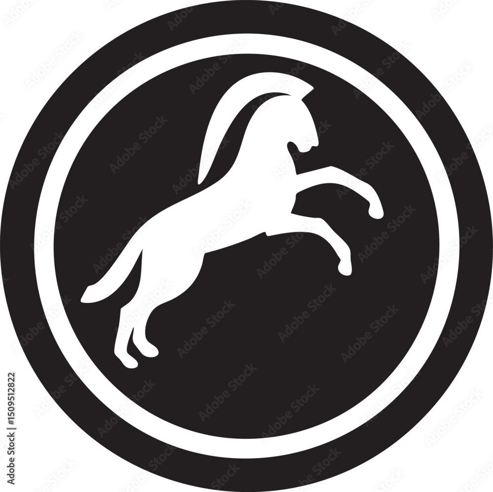 Poster white horse leaps dynamically in a circular emblem.
