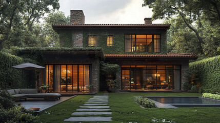 beautiful house surrounded by lush greenery, featuring large windows and serene pool area