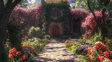 Obraz premium charming house surrounded by vibrant flowers and lush greenery, creating serene atmosphere