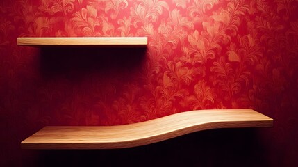Elegant Wooden Shelves Red Damask Wallpaper Background