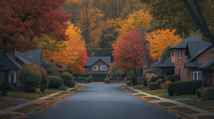 serene suburban street lined with vibrant autumn trees showcasing red, orange, and yellow leaves