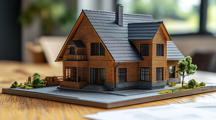 detailed house model showcasing modern architecture with wooden exterior and landscaped