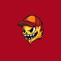 Fire mascot with cap icon flat vector design