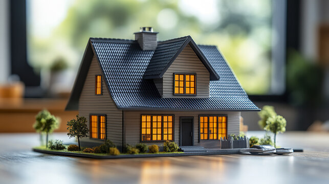 detailed model of house with illuminated windows, showcasing cozy atmosphere and intricate
