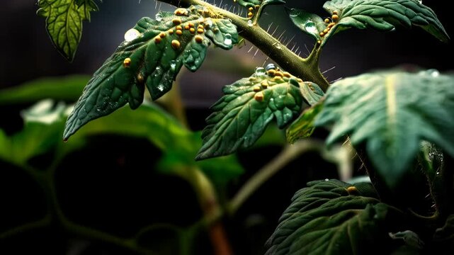 Tomato plant seedling close-up showing wet green leaves and early blight with small yellow spots, on dark background.