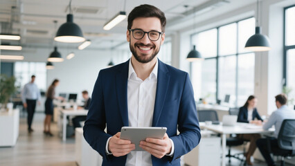 A confident professional businessman in a modern office environment.