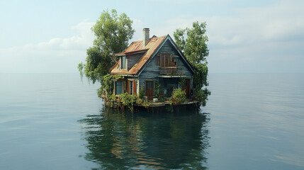 Obraz premium serene house surrounded by water, featuring lush greenery and rustic design