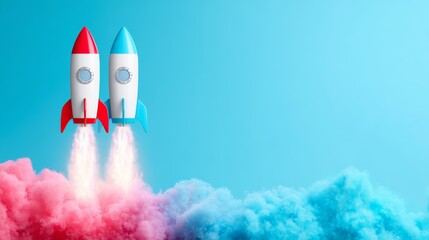 Colorful rockets launching into a vibrant sky with colorful smoke effects during daytime