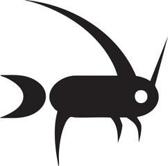 stylized black silhouette of a creature with curved wings and elongated limbs.
