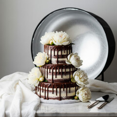 Elegant three-tier naked cake with chocolate ganache drip and white peony flowers, styled for wedding or celebration photography.
