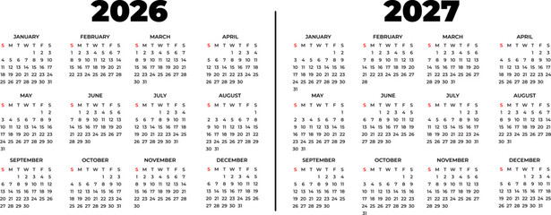 Minimalist and modern calendar for the years 2026 and 2027 in English, with a clean black and white design, perfect for project planning, event management, and personal and professional organization