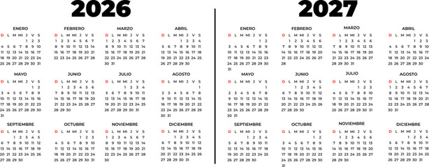 Minimalist and modern calendar for the years 2026 and 2027 in Spanish, with a clean black and white design, perfect for project planning, event management, and personal and professional organization