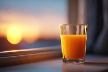 A glass of orange juice sits on a windowsill, backlit by a vibrant sunset.  The scene is peaceful and evokes a sense of calm