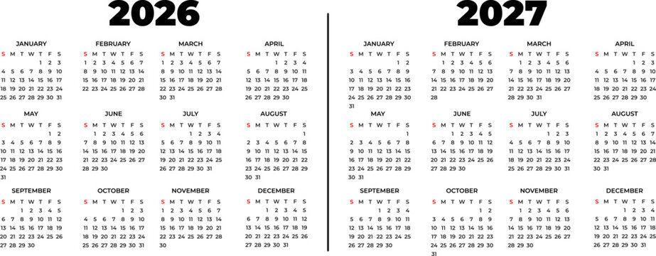 Minimalist and modern calendar for the years 2026 and 2027 in English, with a clean black and white design, perfect for project planning, event management, and personal and professional organization