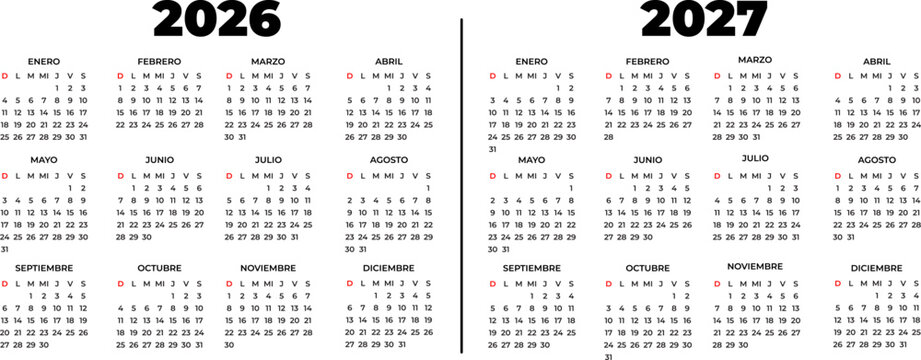 Minimalist and modern calendar for the years 2026 and 2027 in Spanish, with a clean black and white design, perfect for project planning, event management, and personal and professional organization