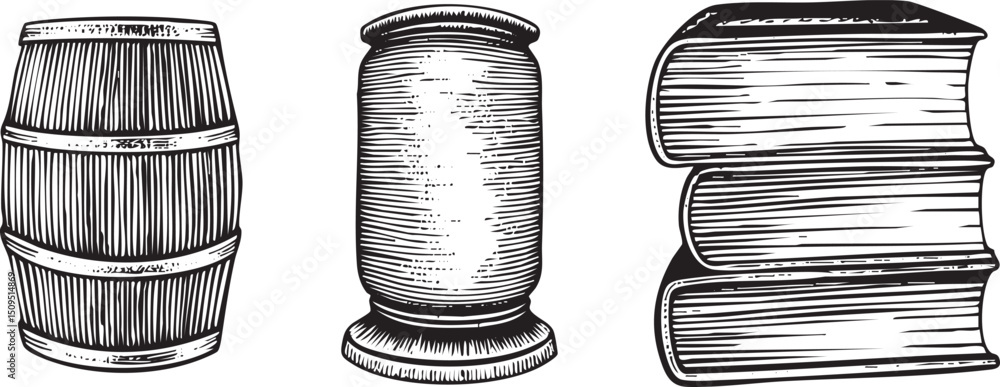 Aufkleber three stacked objects – a barrel a globe and books – are presented in a monochrome .