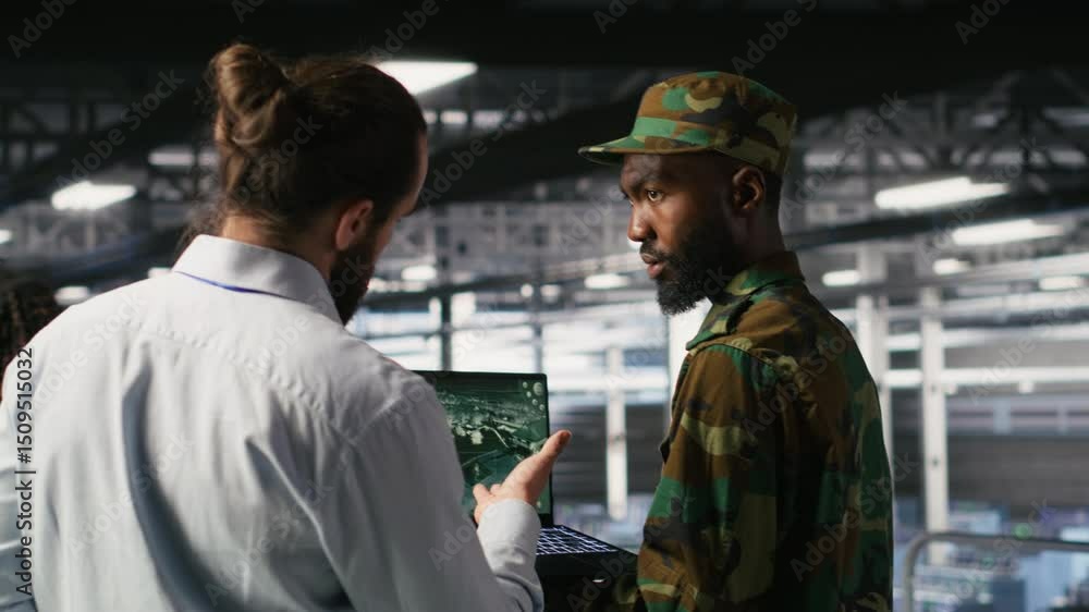 Poster army operators in data center using laptop to run drone control software, looking at mission map ove