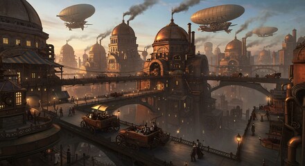 Naklejka premium Steampunk City Sunset: Airships gracefully soar above intricate, ornate architecture bathed in warm, golden light.. AI Generated