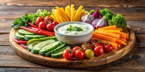Colorful arrangement of fresh vegetables and artisanal cheeses served on a wooden platter with a side of creamy dip, dip