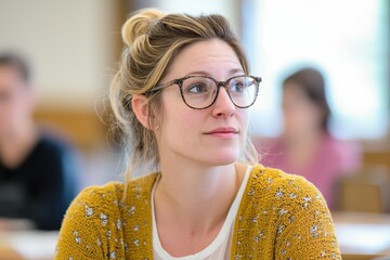 A young woman with glasses and a yellow sweater attentively listens in a classroom setting.