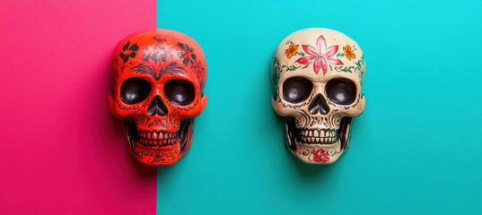 Two colorful, decorative skulls with floral designs on contrasting pink and turquoise backgrounds.
