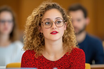 A young woman with curly hair, glasses, and a red top attentively listens in a classroom or seminar setting.