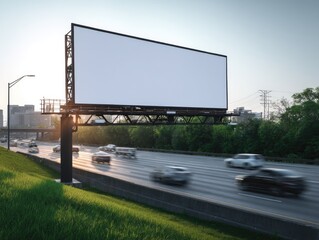 A large blank billboard stands beside a highway at sunset, with blurred cars speeding past and cityscape in background